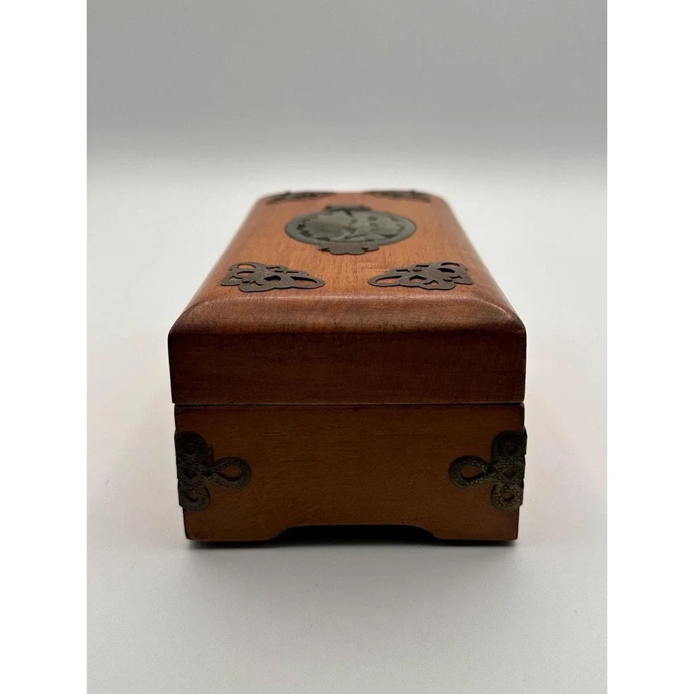 Vintage Wooden Jewelry Box Carved Stone Medallion  Keepsake Storage